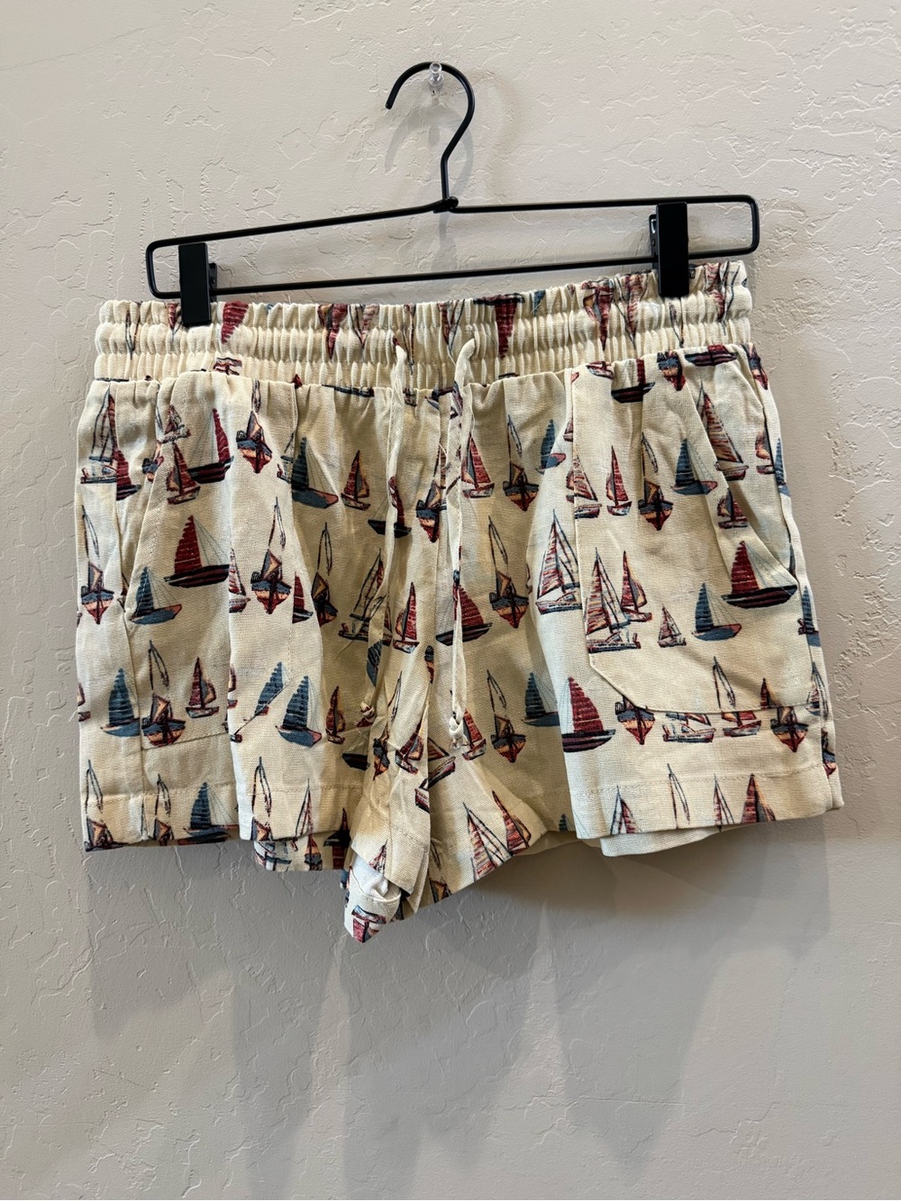 Women's Beige Sailboat Print Athletic Shorts with Elastic Waist